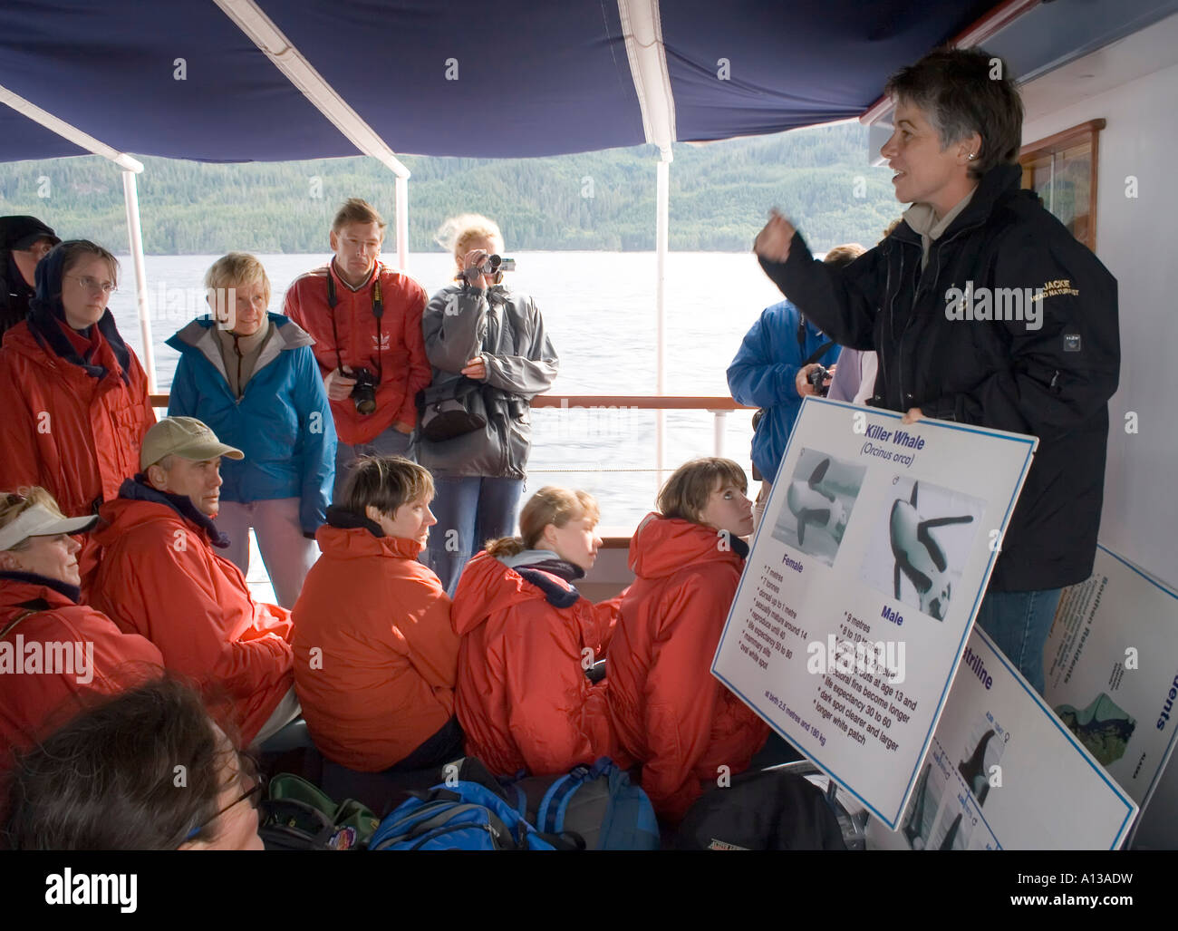 Naturalist talking to whale watching group on board boat Vancouver island Canada Stock Photo