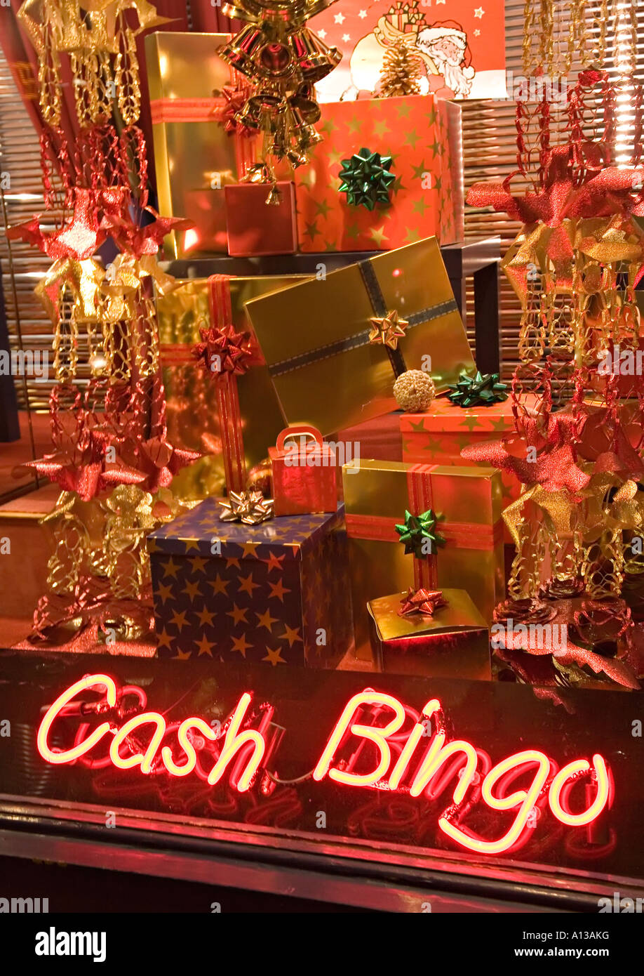 Cash Bingo sign lights with prize display Cardiff Wales UK Stock Photo