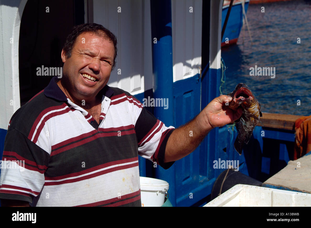 Fisherman landing the catch, Puerto Mogan, Gran Canaria Stock Photo Alamy