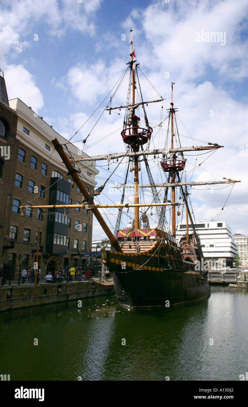 Golden Hinde Hind replica in London on wharf on River Thames Stock