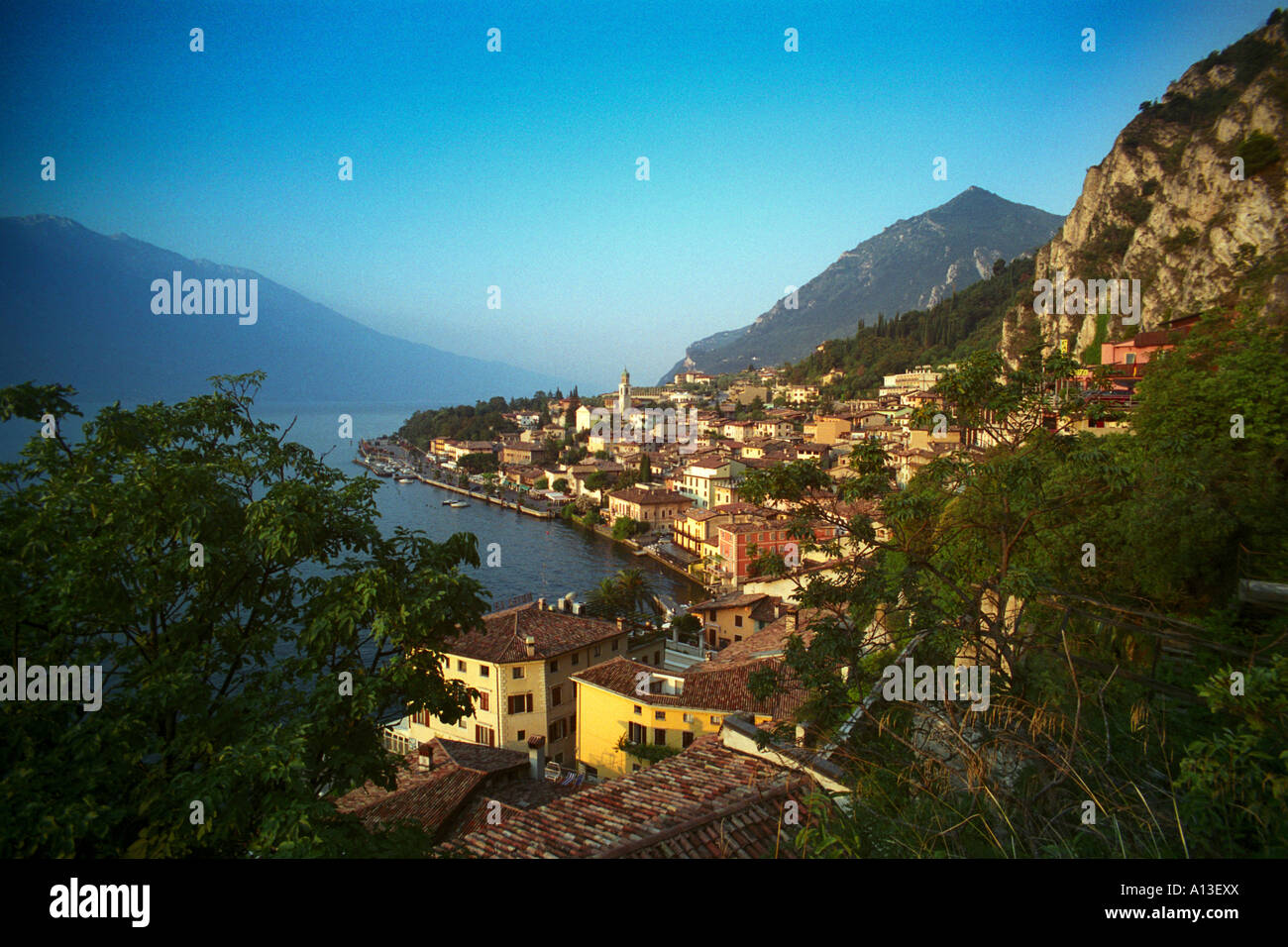 Limone sul Garda Village At Dawn, Lago Di Garda, Italy Stock Photo