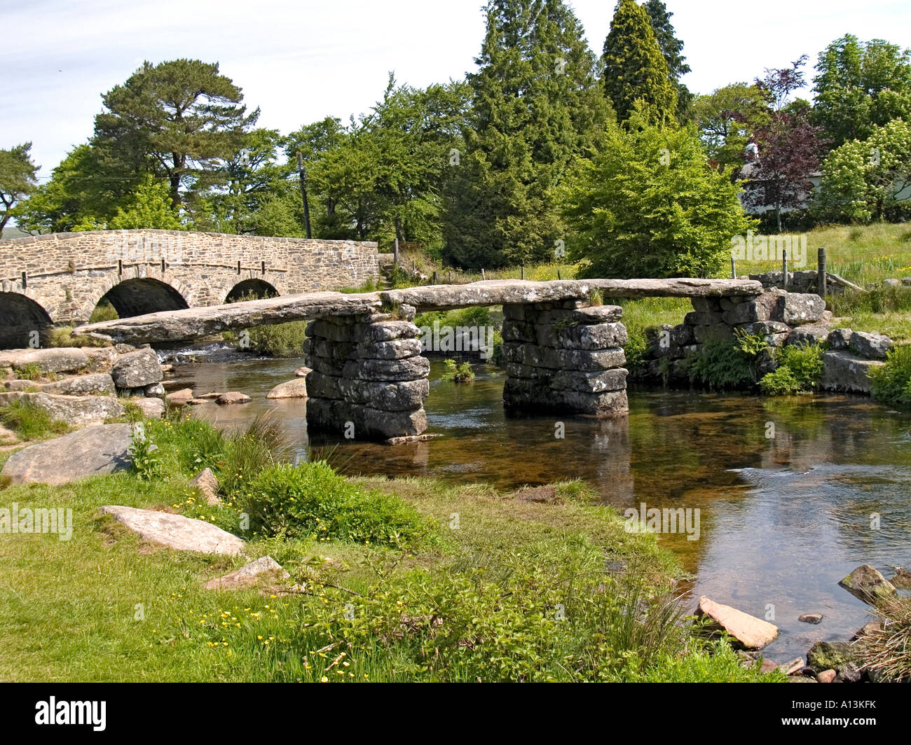 Clapper Bridge over East Dart river Postbridge Devon England Stock ...