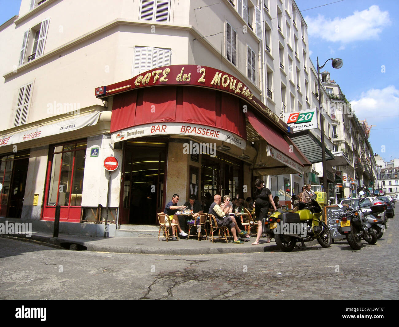 Cafe Les deux Moulins Paris France, where the film Amelie was recorded Stock Photo