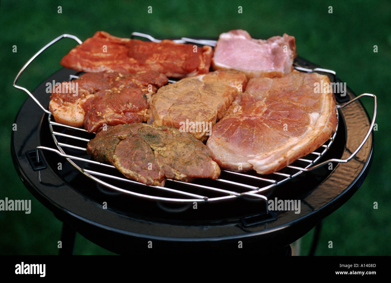 barbecue with different kinds of meat bbq BBQ barbecue grill garden outdoor  meat raw steaks party gardenparty Stock Photo - Alamy