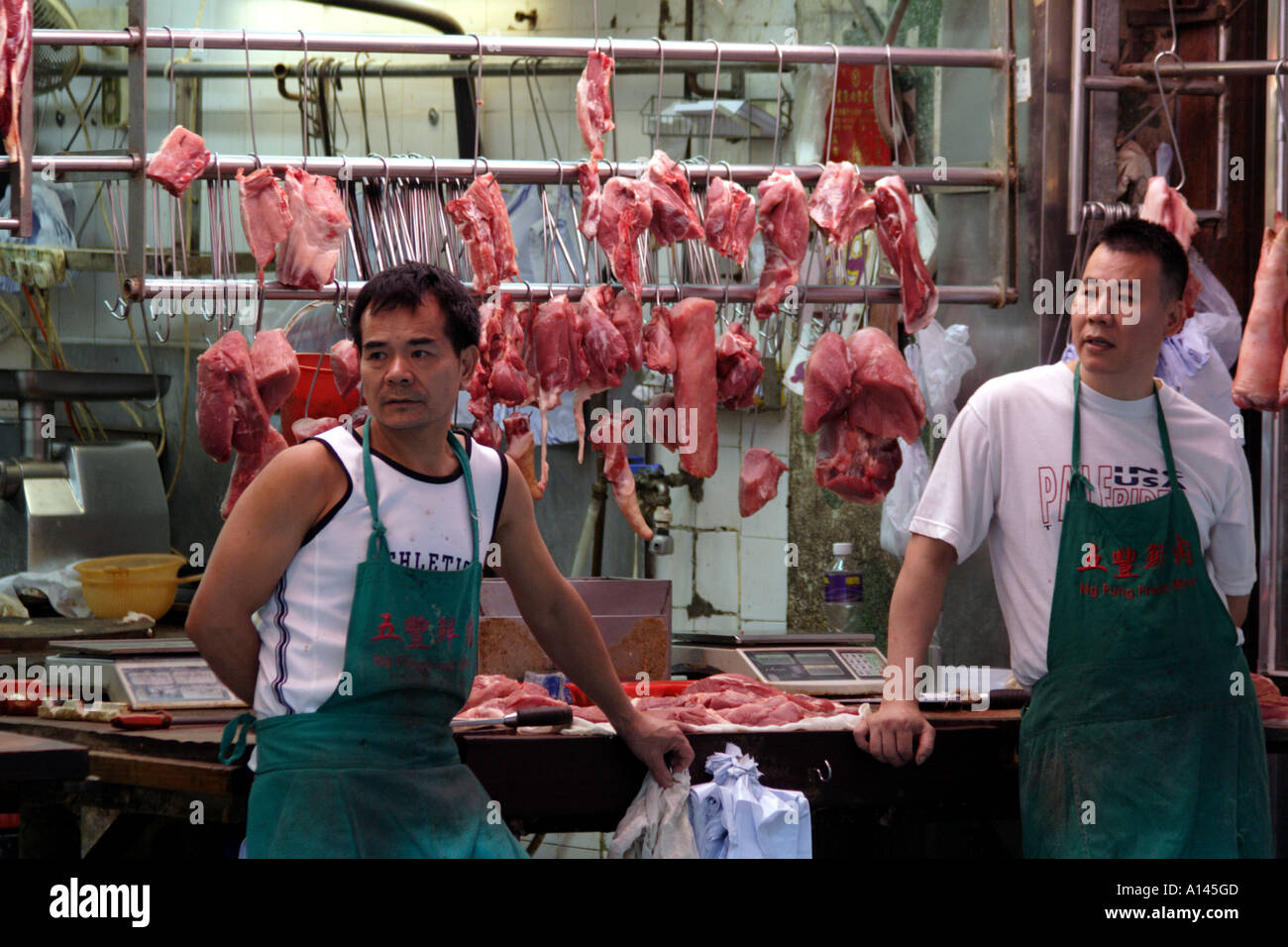A couple of butchers in Wanchai, Hong Kong SAR Stock Photo
