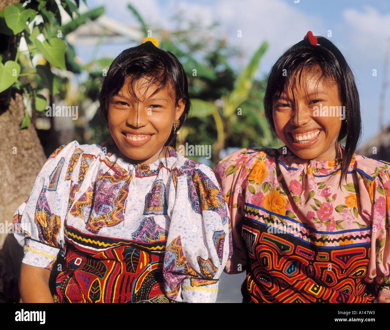 San Blas Islands,  Republic of Panama.  Two Cuna Indian girls Stock Photo