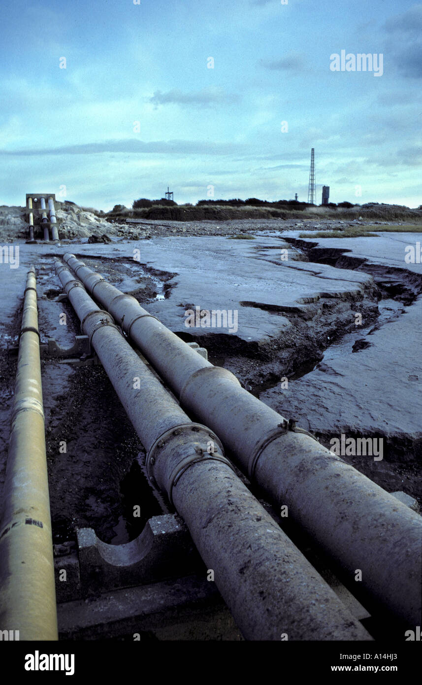 ICI industrial discharge pipes into the Severn Estuary Bristol Channel at Avonmouth Stock Photo