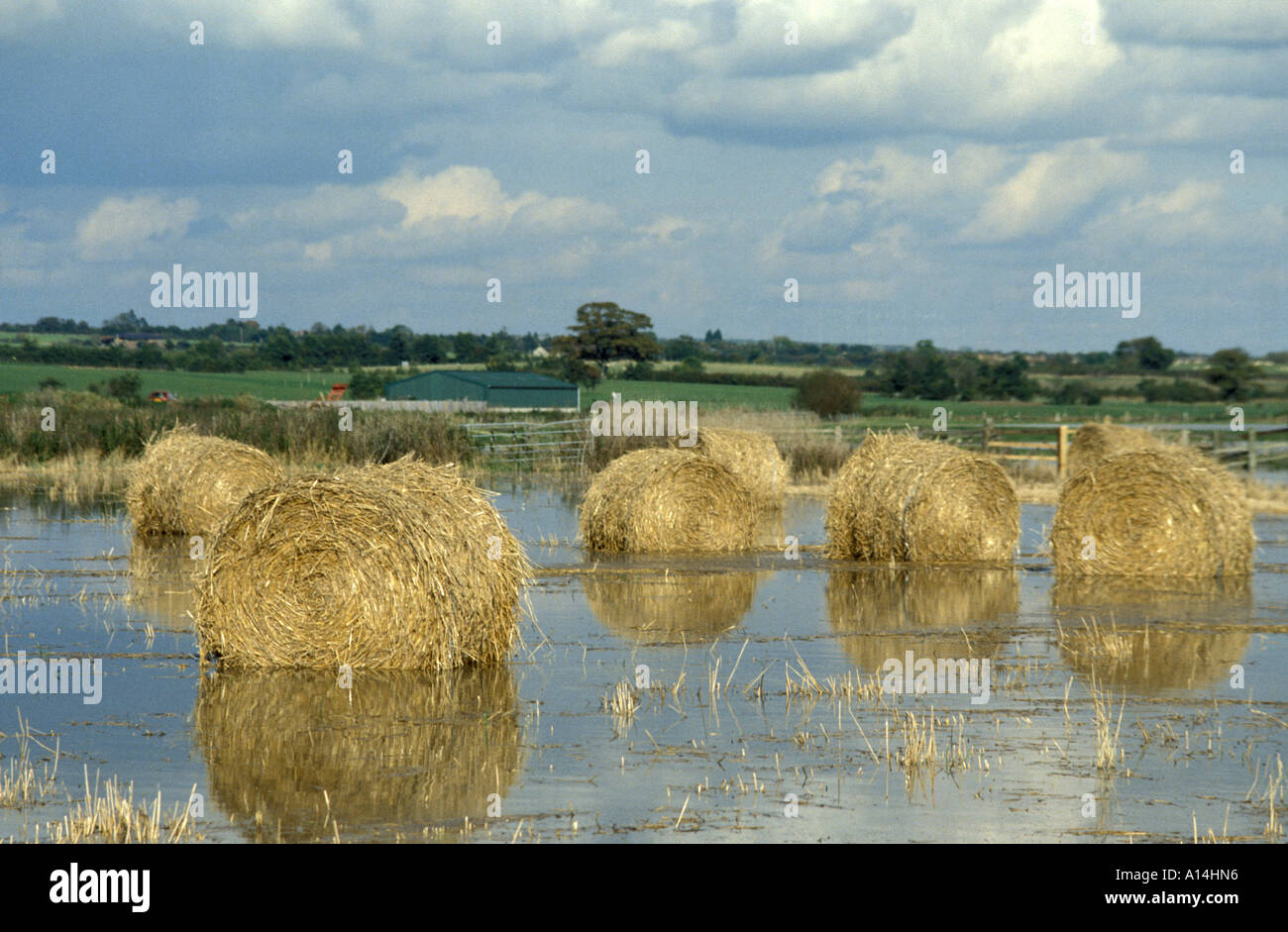 Flooded fields with hay bails on farmland on the Somerset Levels Stock Photo