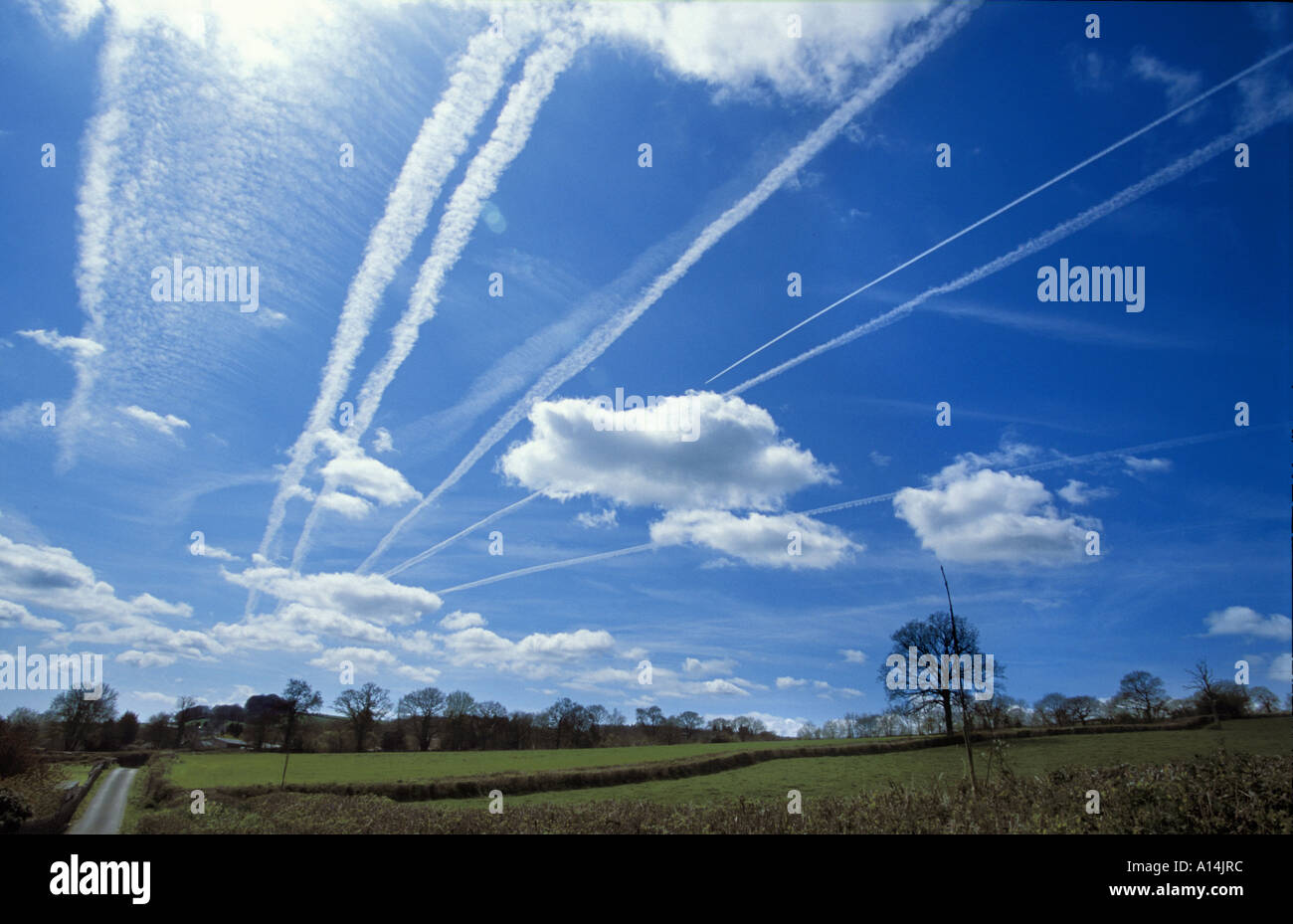 Jet streams fill the sky across East Devon in England Stock Photo