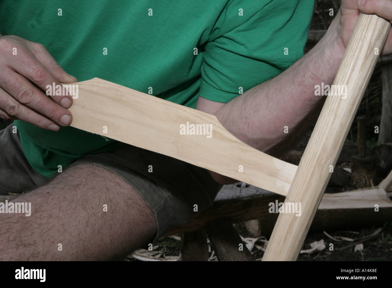 Greenwood Chair Making   fitting a back slat into leg Stock Photo