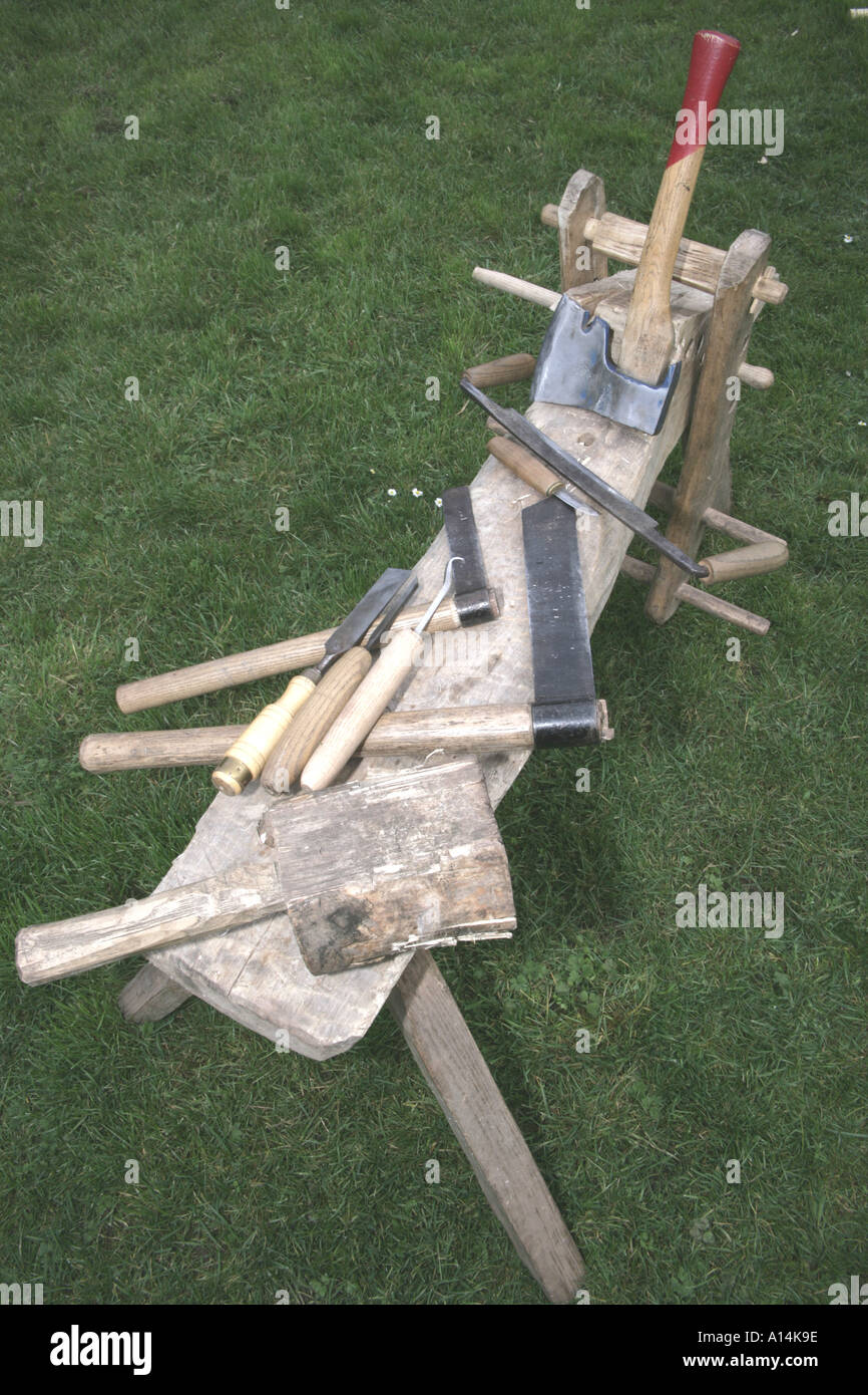 Greenwood Chair Making Tools on the shaving horse Stock Photo