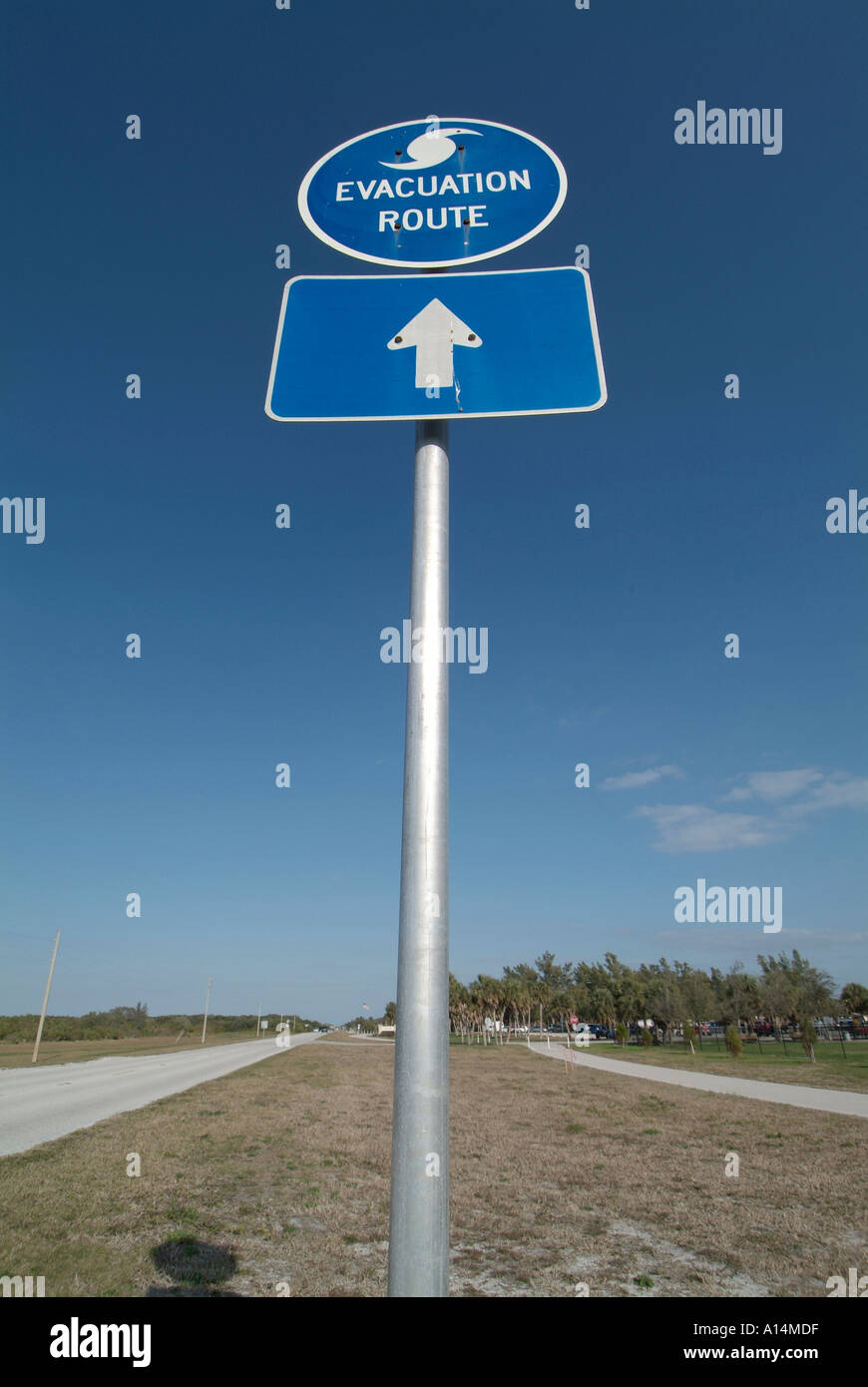 Evacuation route signs are posted along all roads in Florida to show citizens routes away from impending hurricanes Stock Photo