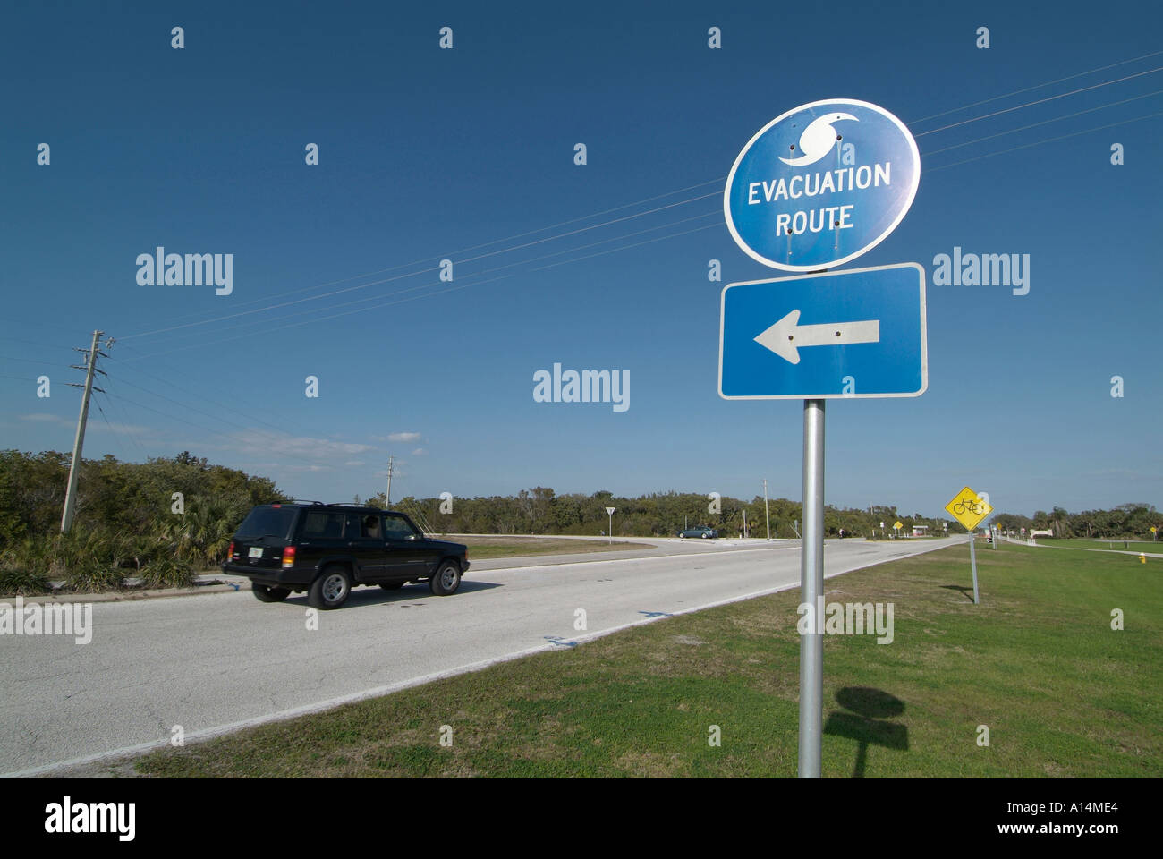 Evacuation route signs are posted along all roads in Florida to show citizens routes away from impending hurricanes Stock Photo