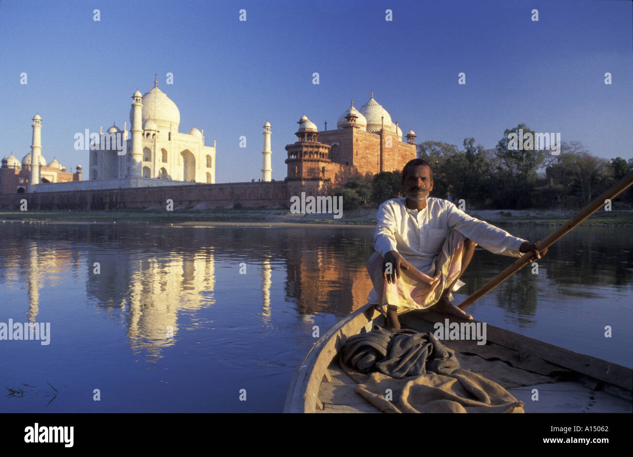 Boatman on River Yamuna by Taj Mahal Agra India Stock Photo