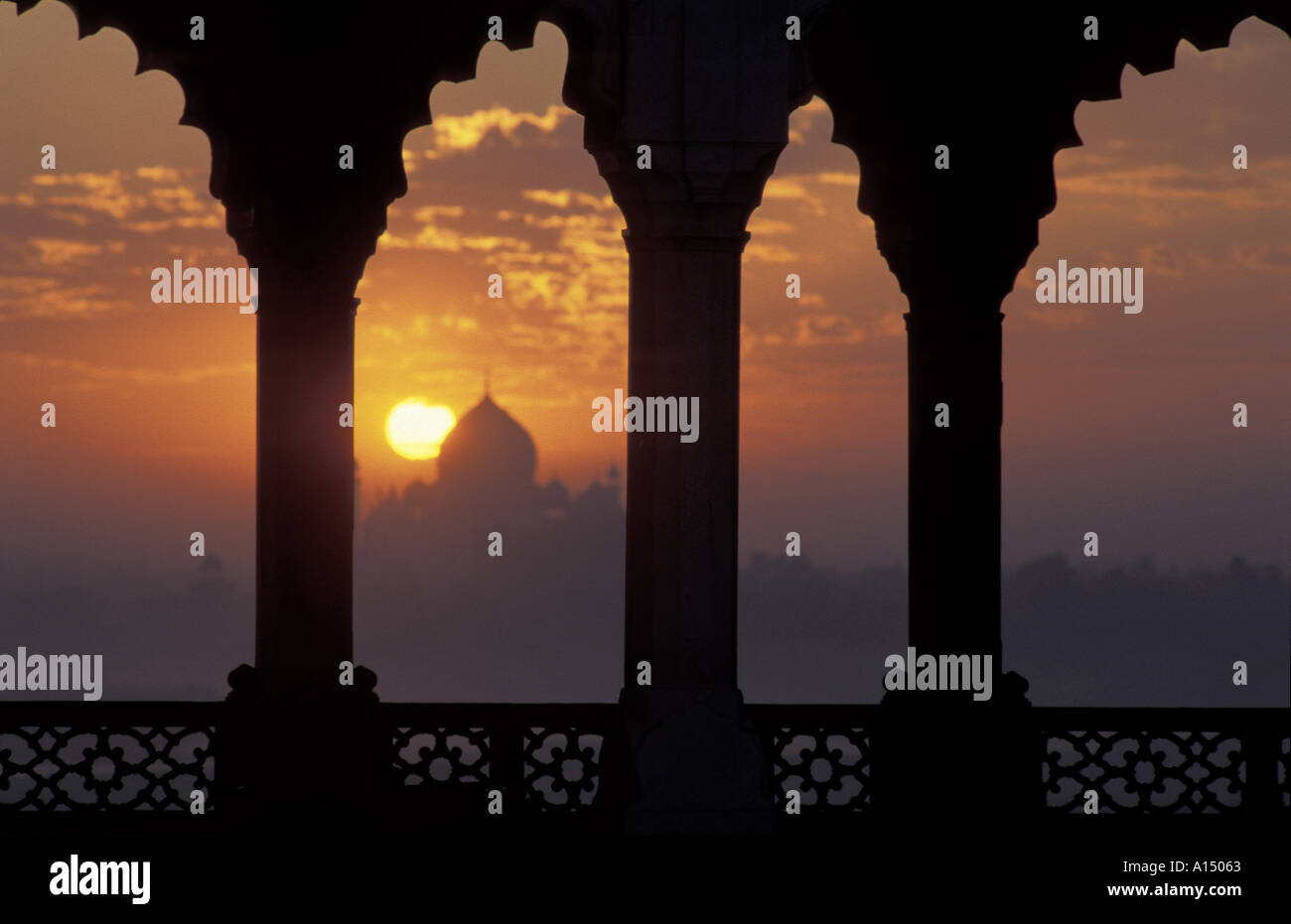 Sunrise over Taj Mahal from Agra Fort Agra India Stock Photo