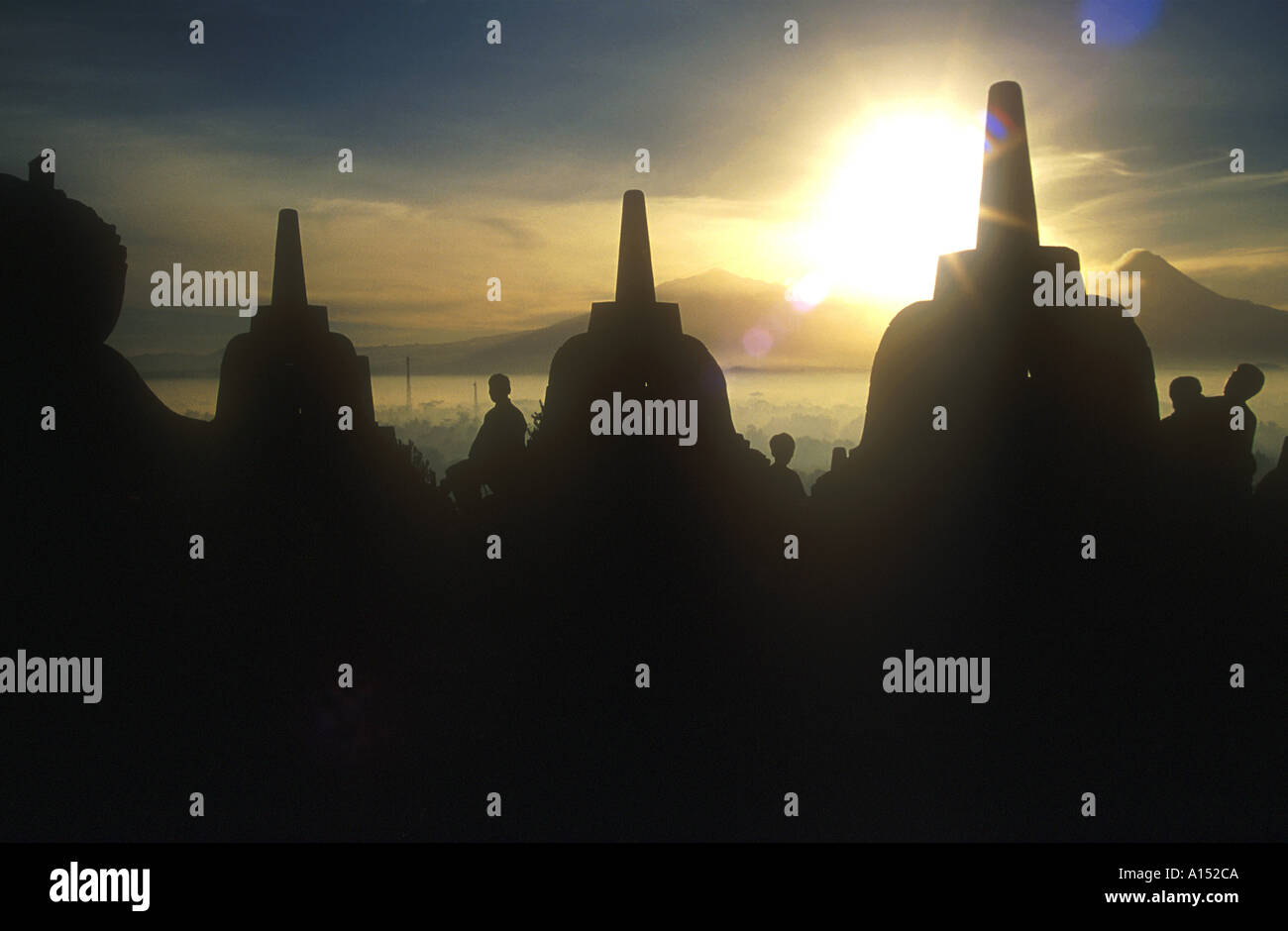 Silhouettes of Stupas of the Borobudur Temple in Indonesia Stock Photo