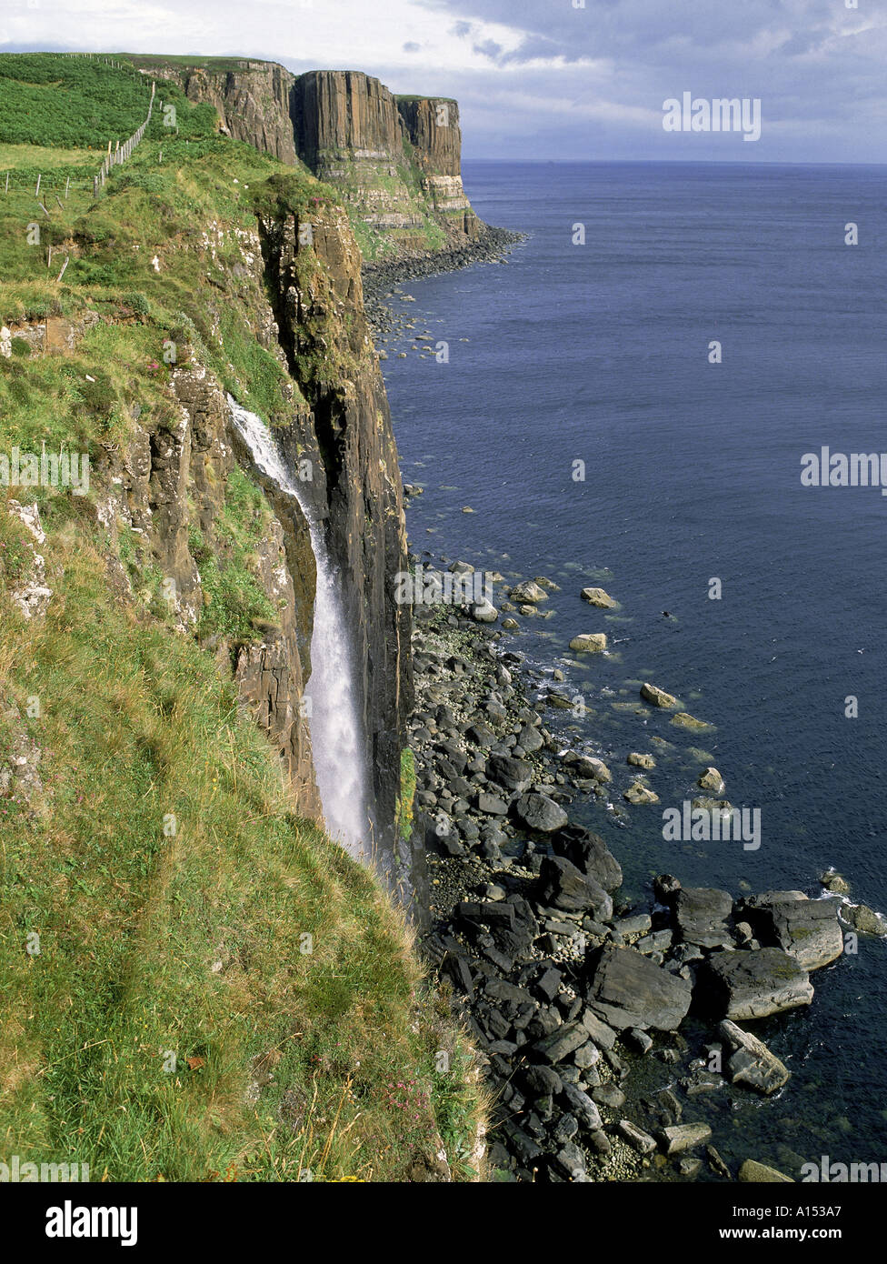 Waterfall over cliff into the sea The Kilt Rock Isle of Skye Scotland ...
