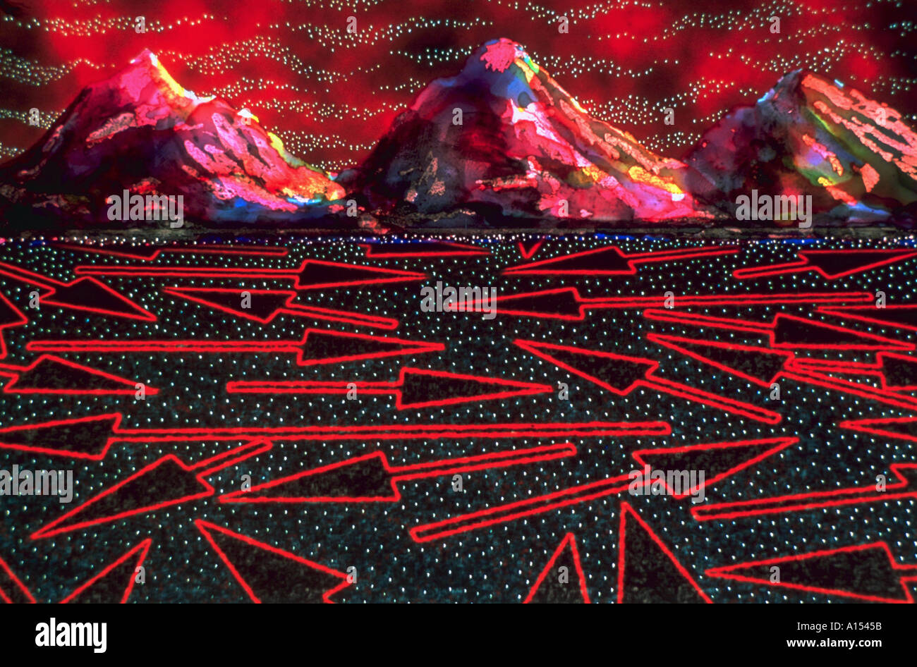 Mountains Computer Simulated Computer generated illustration of mountains with arrows in the valley ...