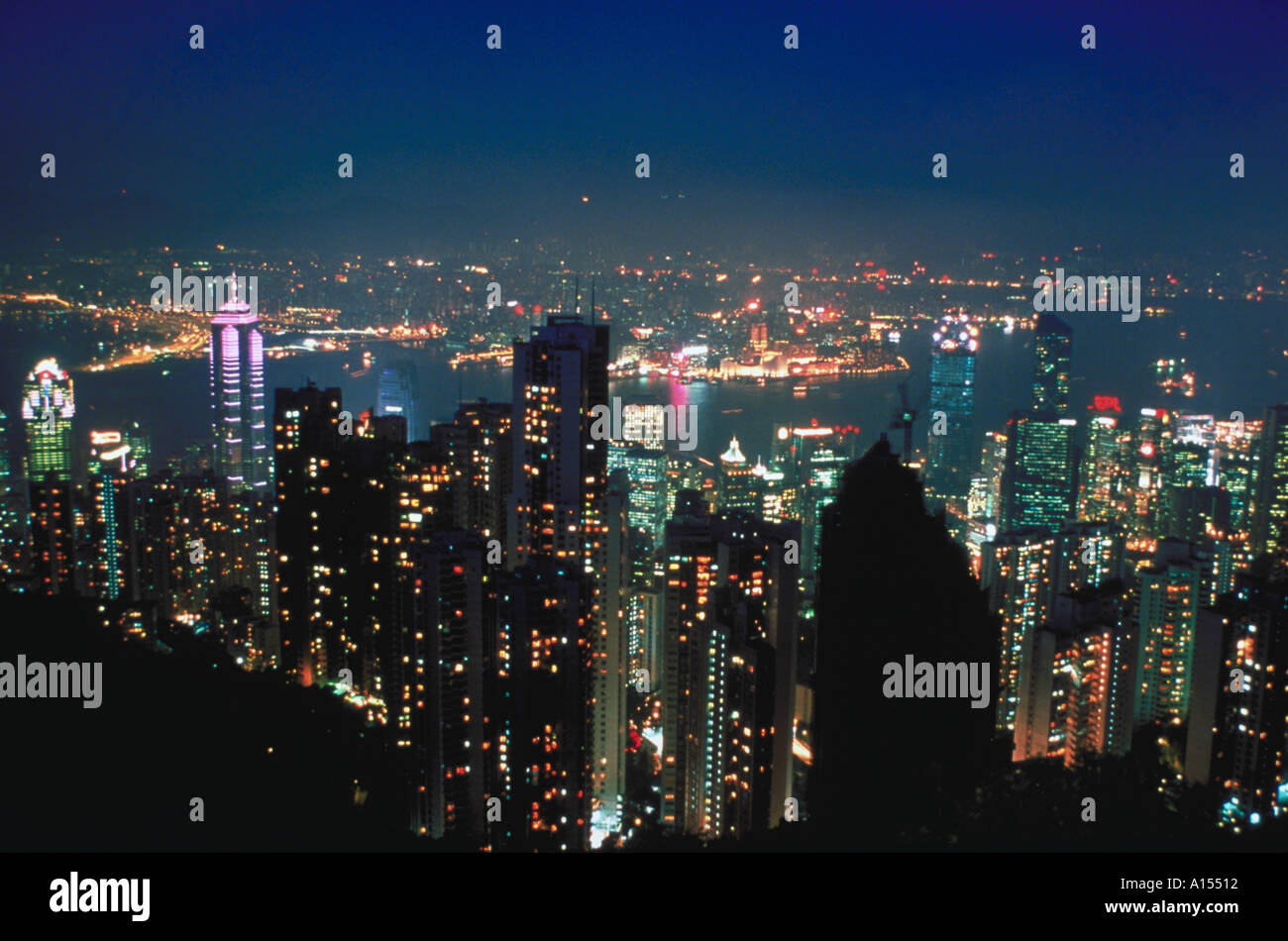 Aerial view of the lights of the Hong Kong China skyline at night Stock ...