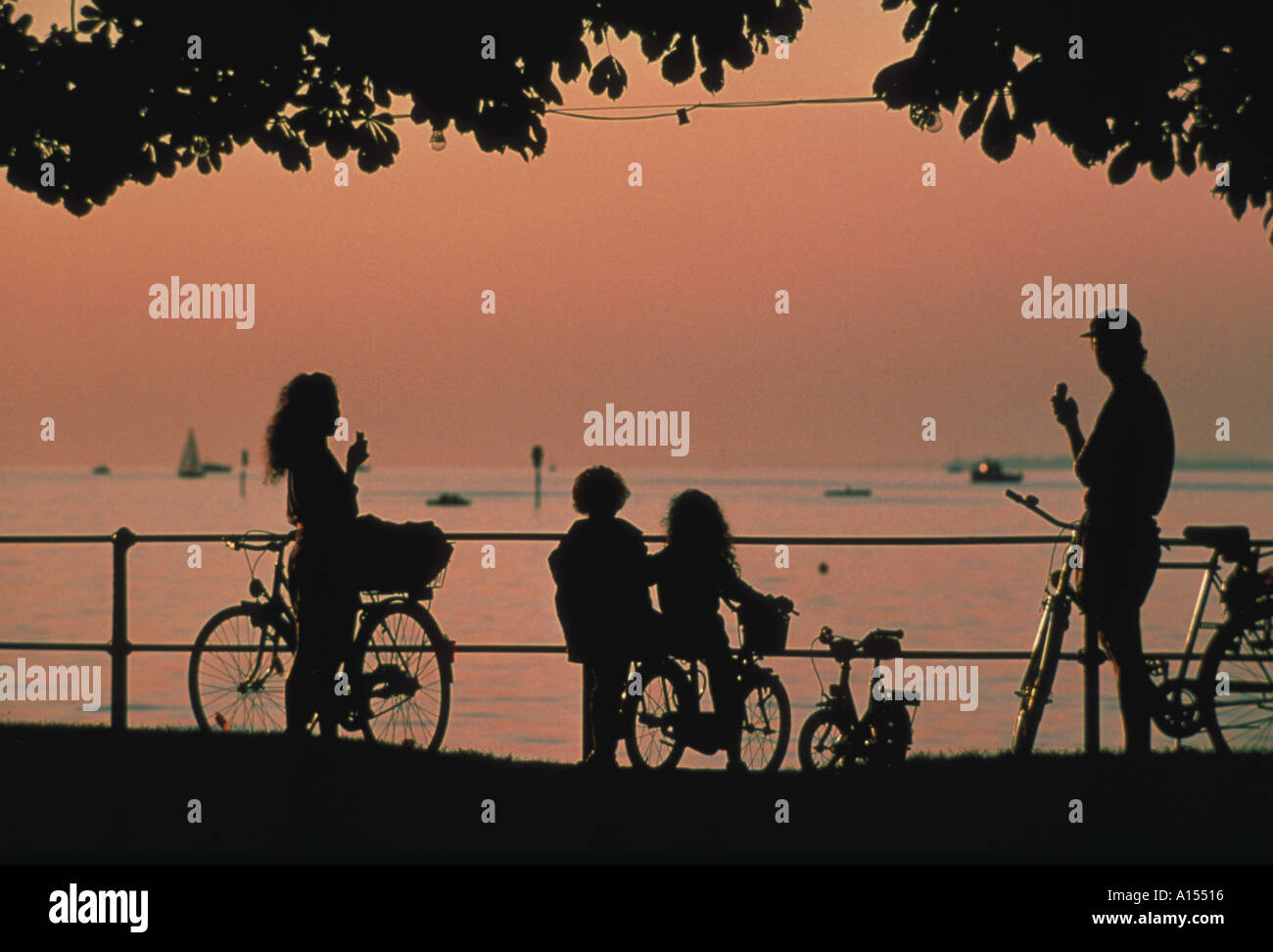 Family on bicycles silhouetted against an orange sky at dusk enjoying the view and eating ice cream Stock Photo