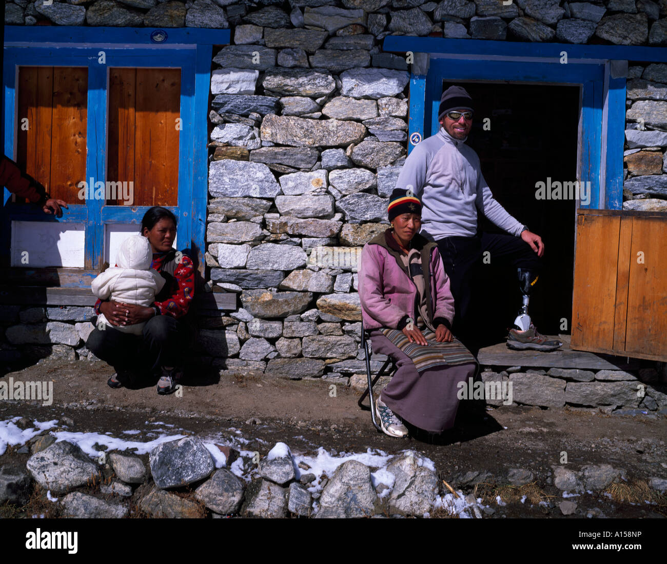 Marc Woods and his bionic leg outside a tea house in Tangnang village, Mera Peak, Nepal, Asia Stock Photo