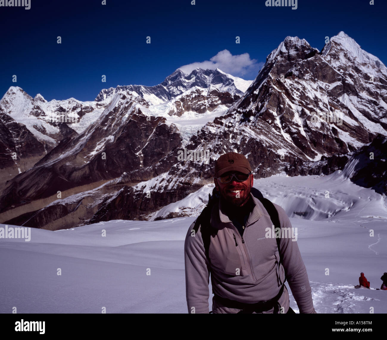 Marc Woods on Mera glacier with Everest in the back-ground Stock Photo