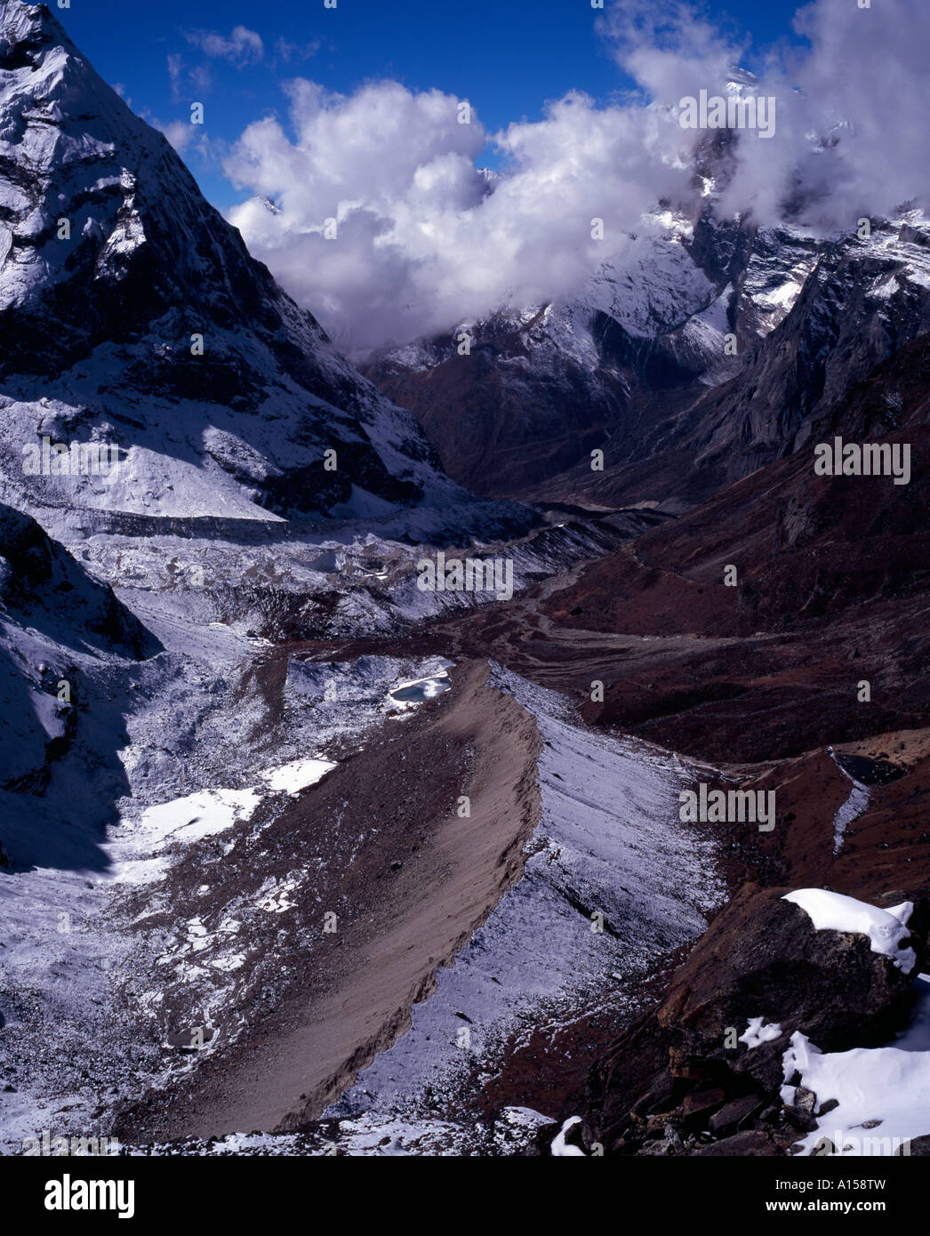 Glacial valley with lateral moraine, snow and ice, Himalayas, Nepal, Asia Stock Photo