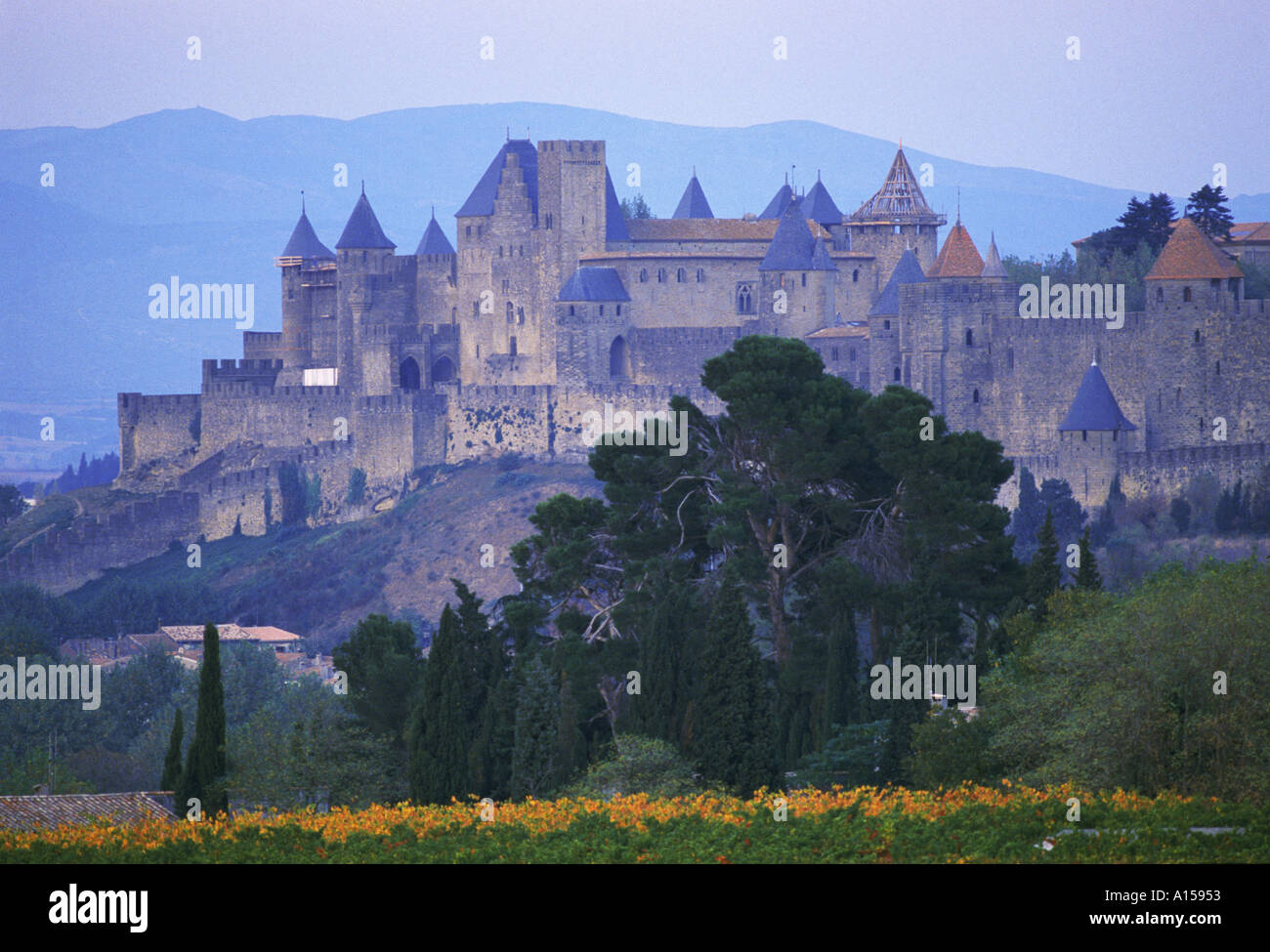 The walls and turrets of the old town of Carcassonne in Languedoc Roussillon France A Woolfitt Stock Photo