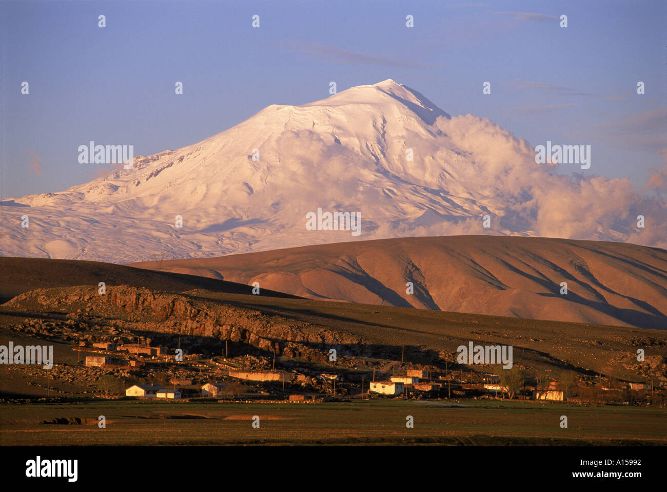 Snow covered Mt Ararat 5165m said to be the site of the landfall of Noahs Ark in Armenia Turkey A Woolfitt Stock Photo