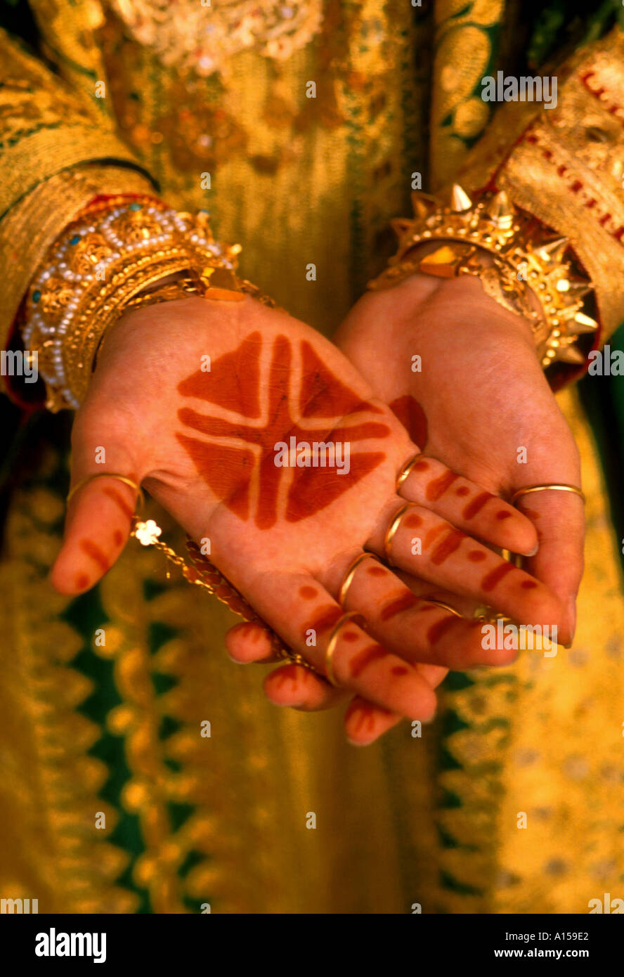 Traditional henna tattos on hands of a young girl Bahrain Middle East A Woolfitt Stock Photo