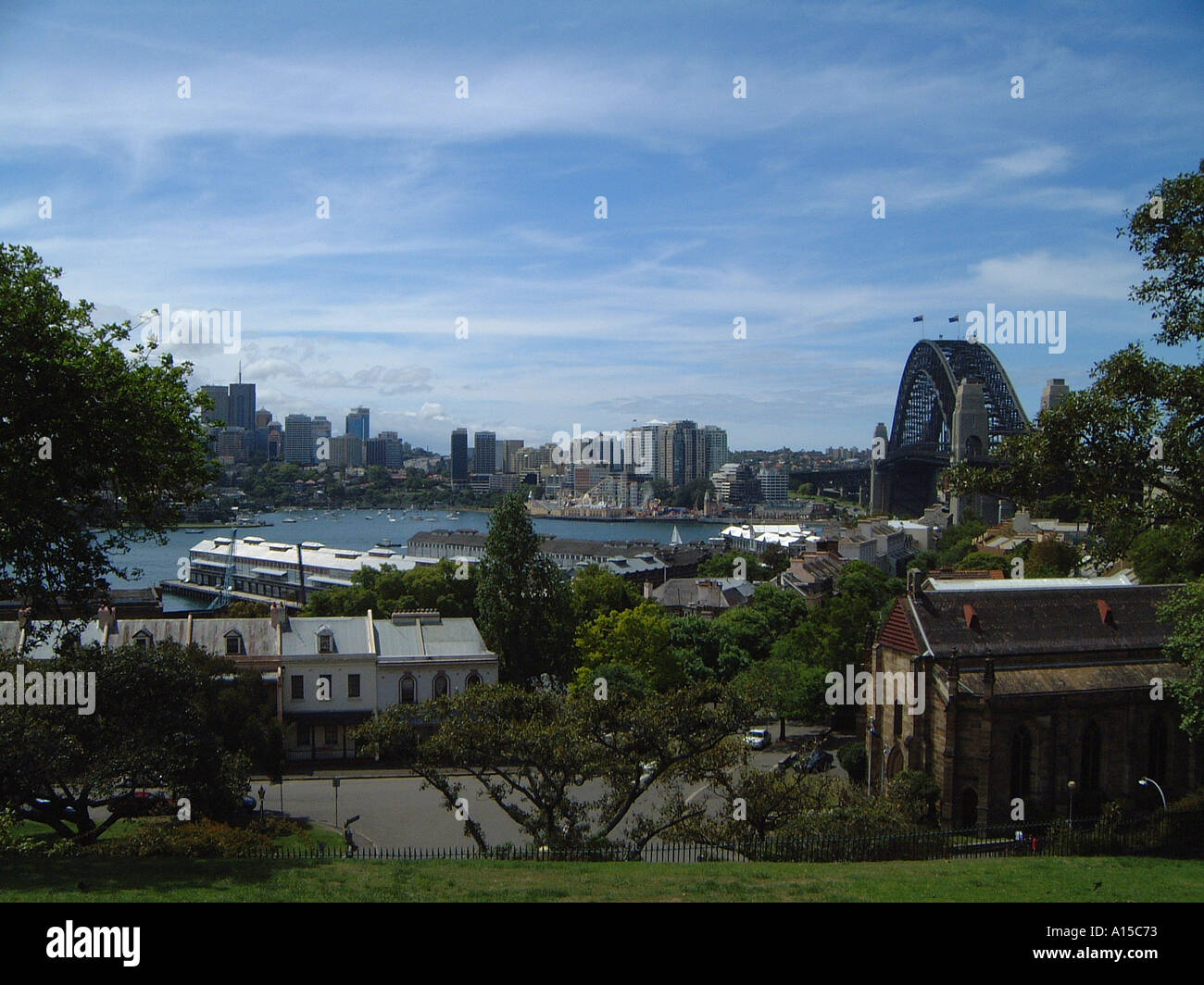 Sydney Harbour and Harbour Bridge viewed from Kirribilli with heritage buildings in foreground, New South Wales, Australia Stock Photo