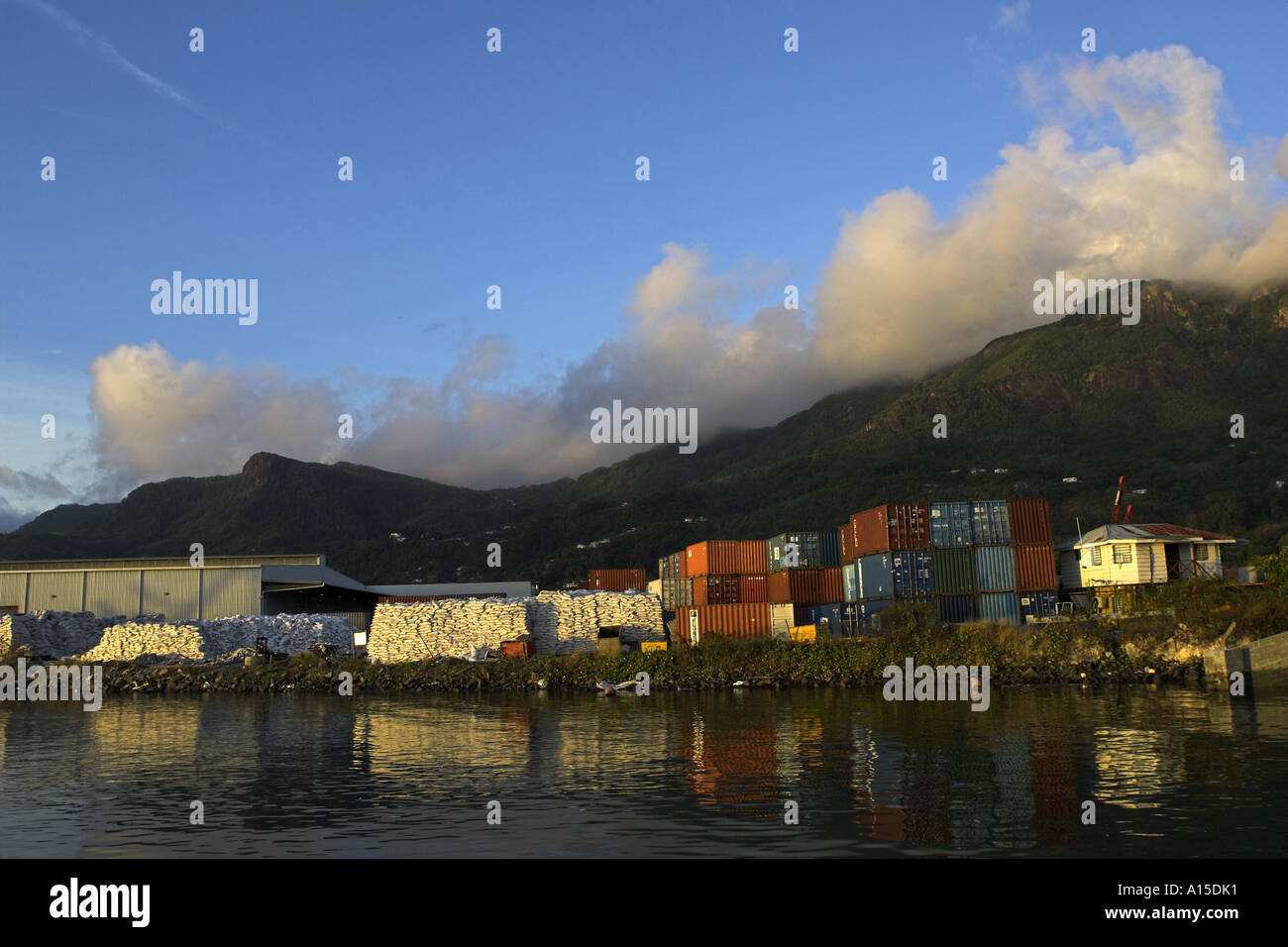 Shipping container storage next to the tuna processing plant Victoria Mahe Seychelles Stock