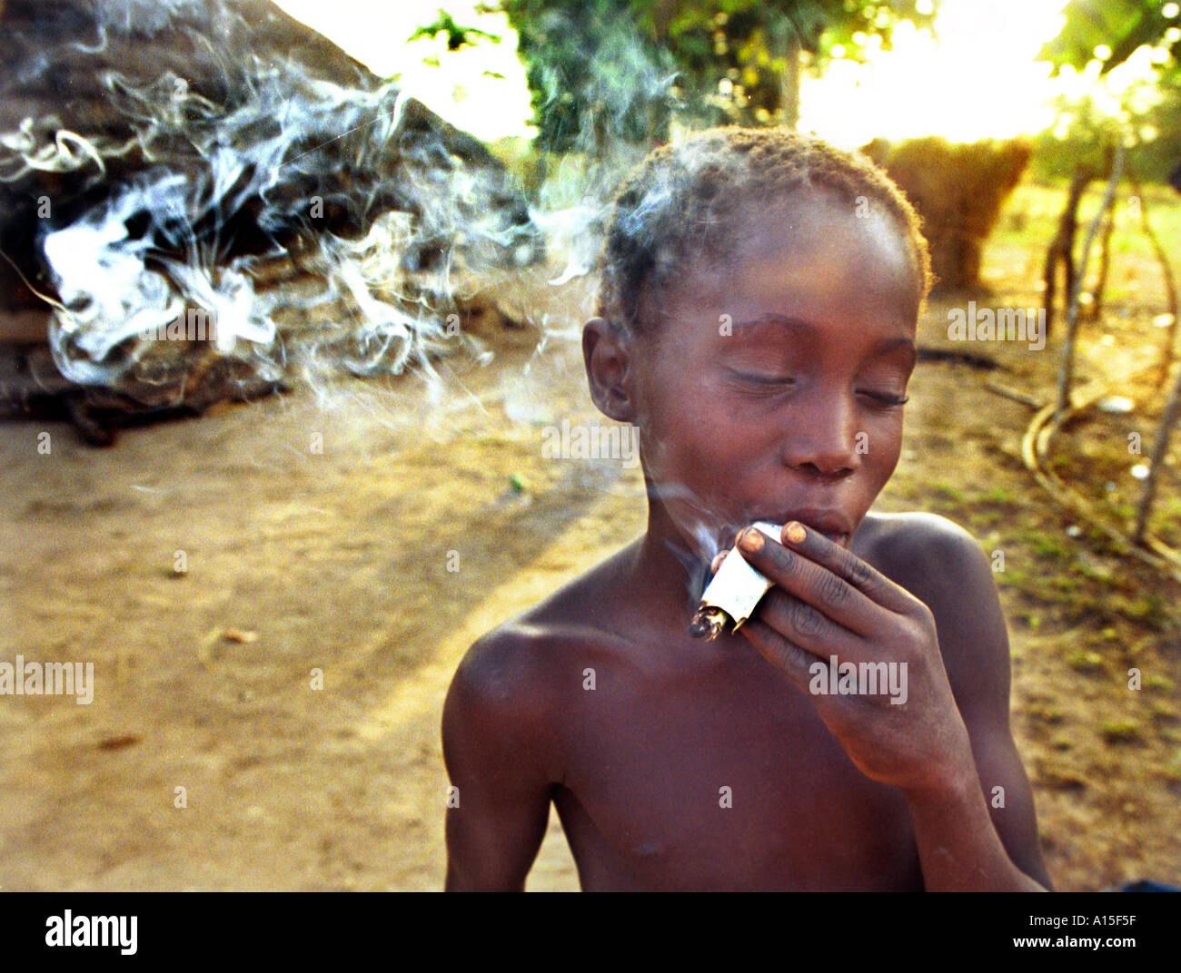 Alio Balde mimics his older brother and makes a fake cigarette out of grass and paper in the Muslim Fulani village of Dempel Stock Photo