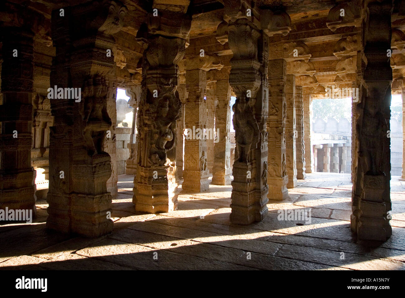 Hindu deities carved into stone pillars at a Veerabhadra Temple in Lepakshi, Andhra Pradesh, India Stock Photo