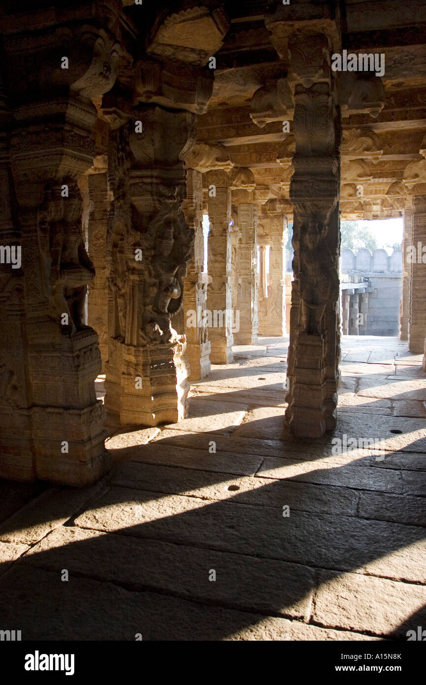 Hindu deities carved into stone pillars at a Veerabhadra Temple in Lepakshi, Andhra Pradesh, India Stock Photo