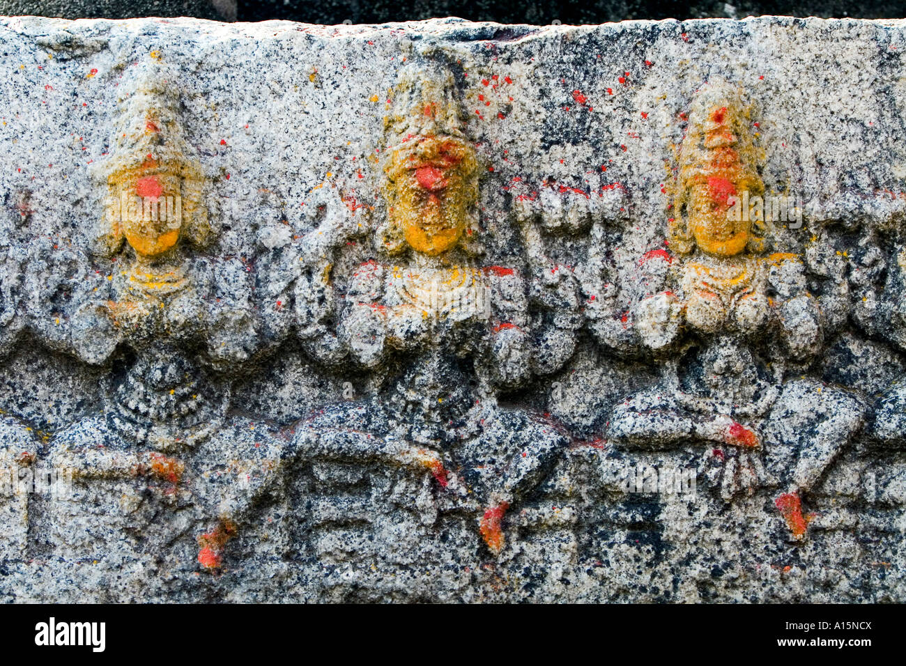 Hindu deities carved into stone at a Veerabhadra Temple in Lepakshi, Andhra Pradesh, India. Stock Photo