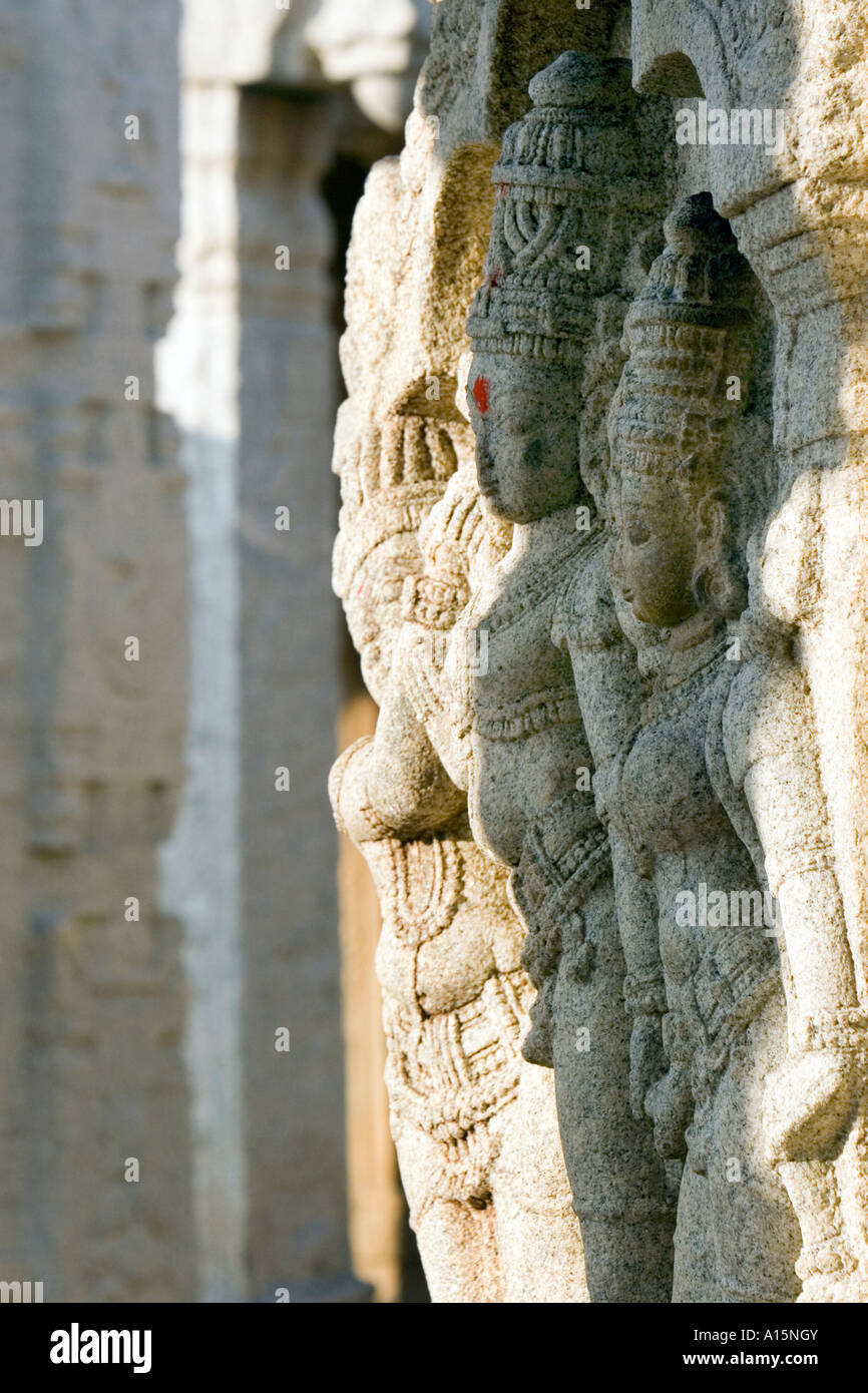 Hindu deities carved into stone pillars at a Veerabhadra Temple in Lepakshi, Andhra Pradesh, India Stock Photo