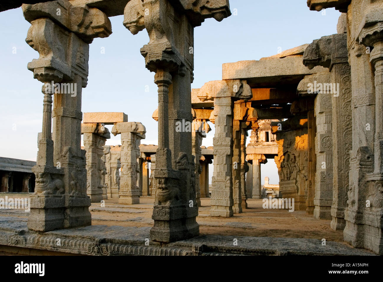 Hindu deities carved into stone pillars at a Veerabhadra Temple in Lepakshi, Andhra Pradesh, India Stock Photo