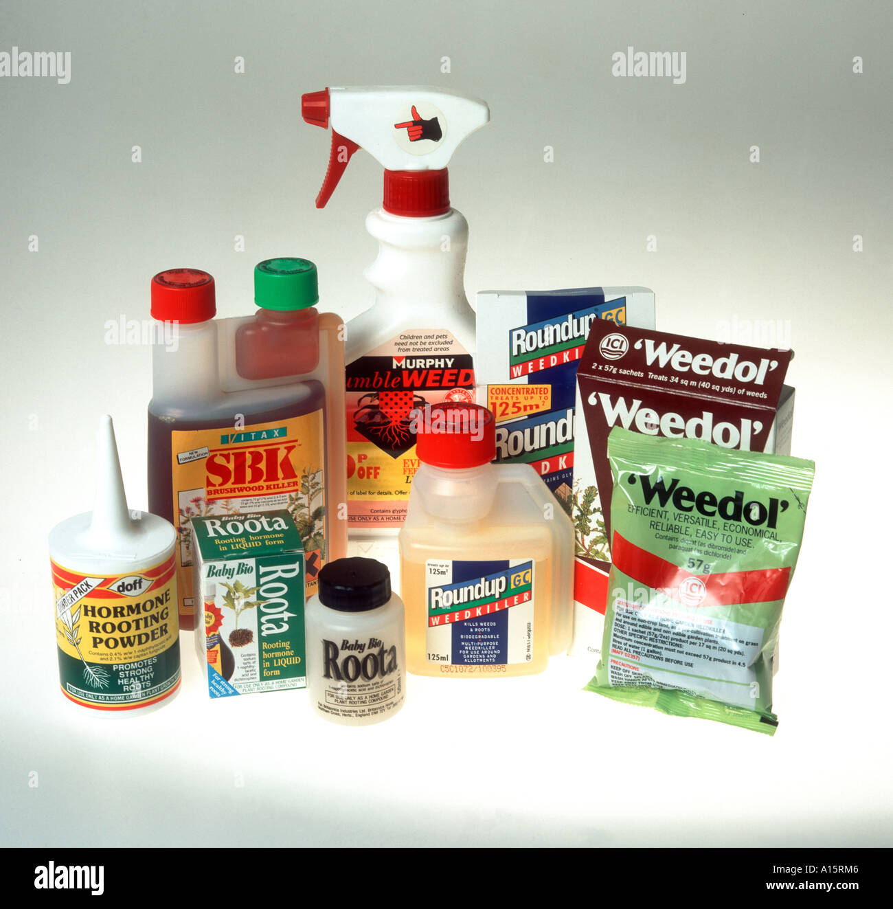 Arrangement of chemicals used in the garden including weedkillers ...