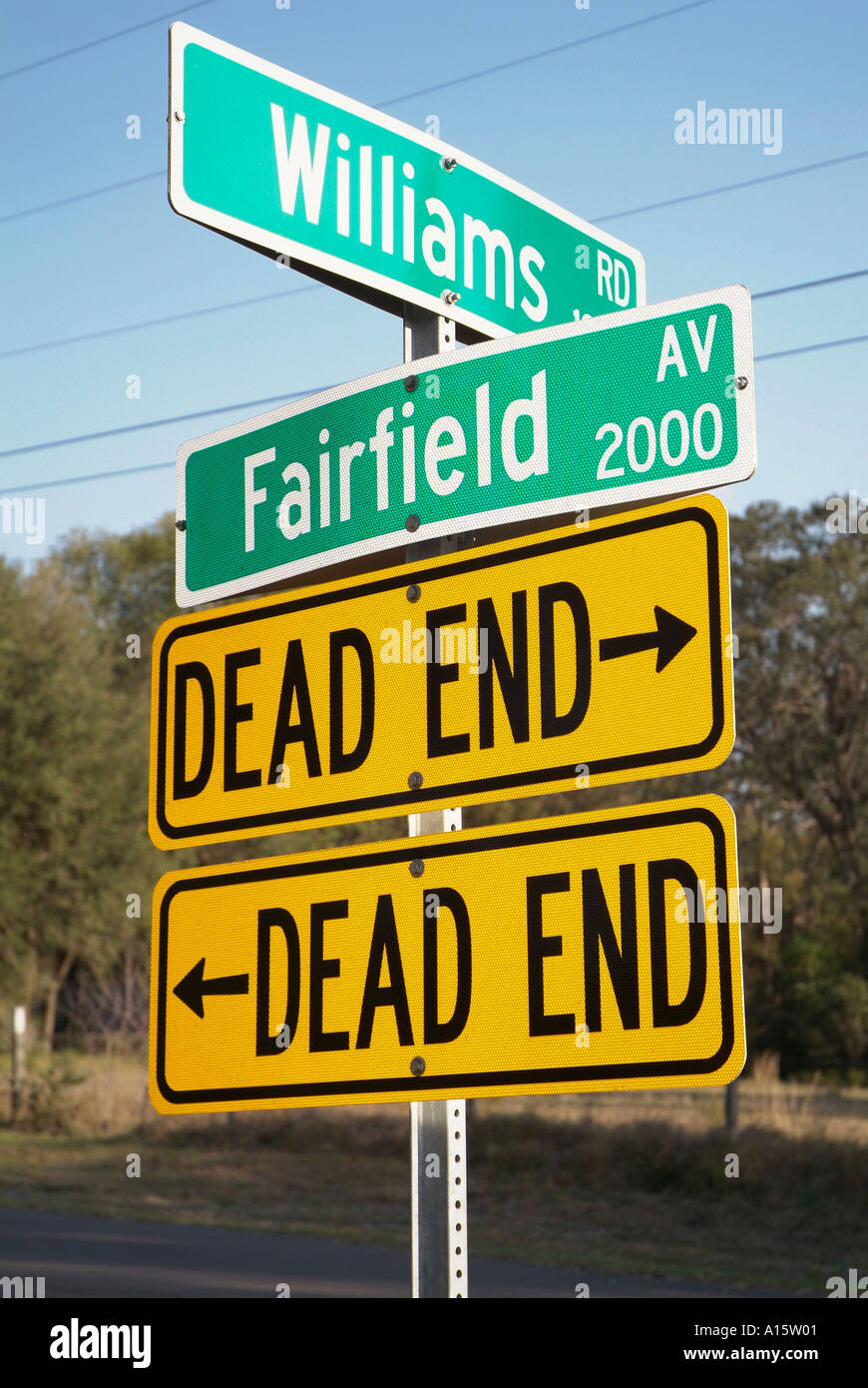Dead end signs are posted at a street corner Stock Photo