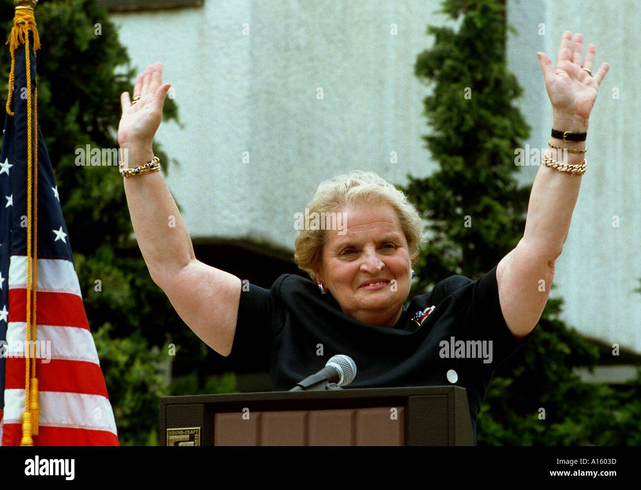 Madeline Albright waves after giving a speech to ethnic Albanians in the center of Pristina Thursday July 29 1999 in Kosovo Stock Photo