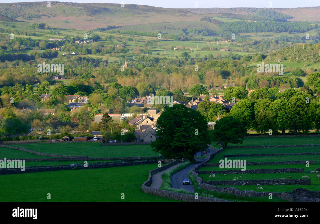 View of the Hope Valley from Winnats Pass towards the village of Castleton in the Peak District Derbyshire England UK Stock Photo