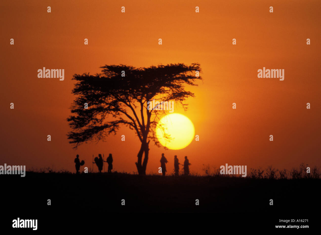 Sunrise over Masai warriors Mara Game Reserve Kenya East Africa Stock Photo