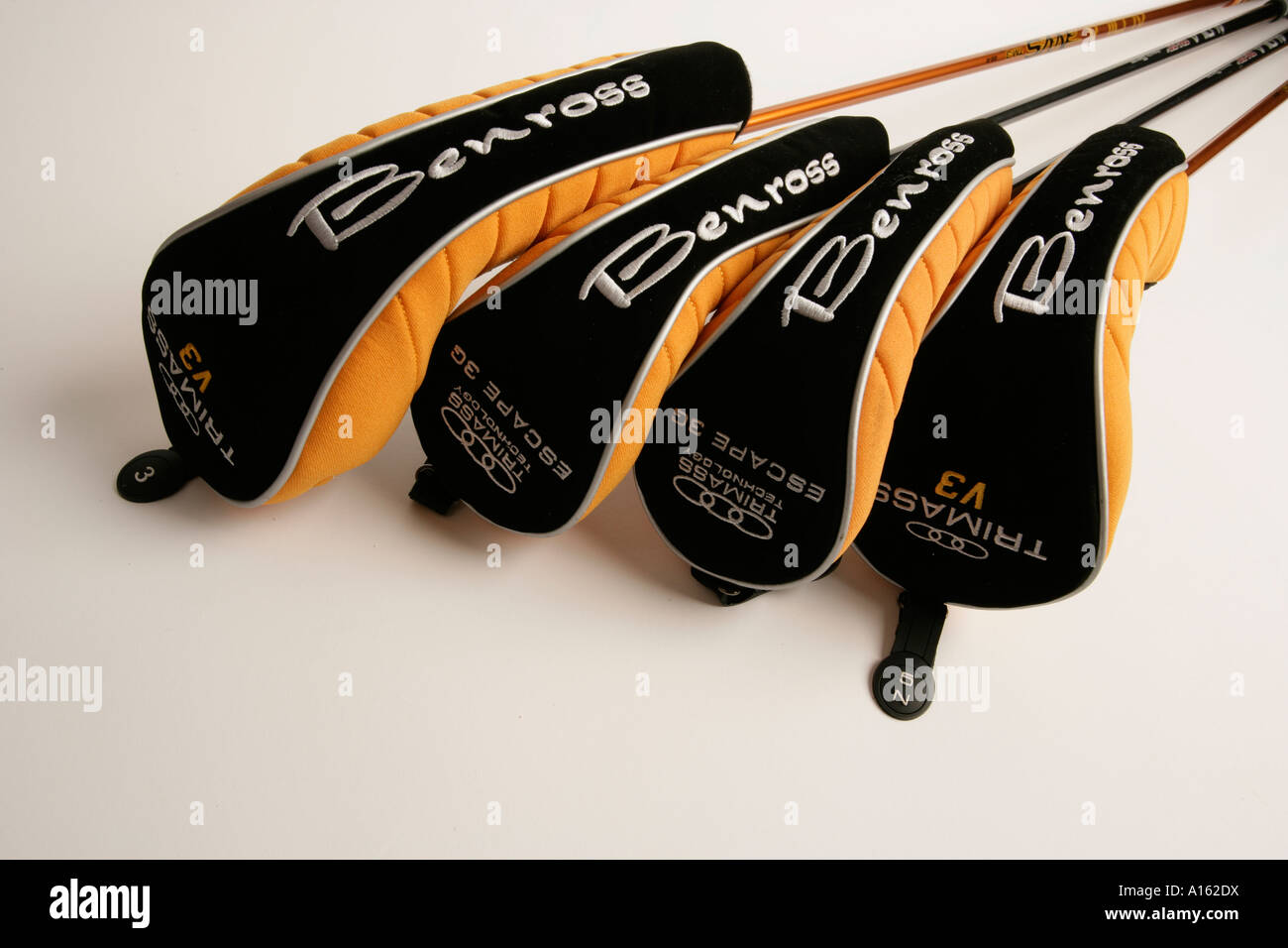 Golf clubs in club covers Made by Benross woods and escape irons Stock  Photo - Alamy