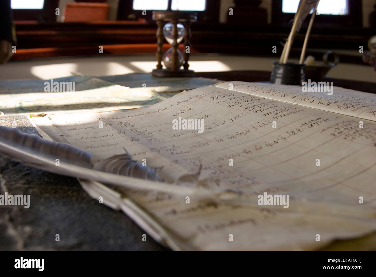 Captain's log book aboard the 18th century mano' war replica Grand Turk Stock Photo