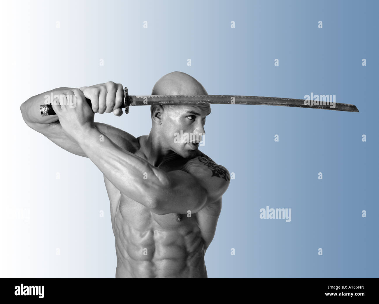 Profile shot of baretopped martial artist in attack pose with samurai