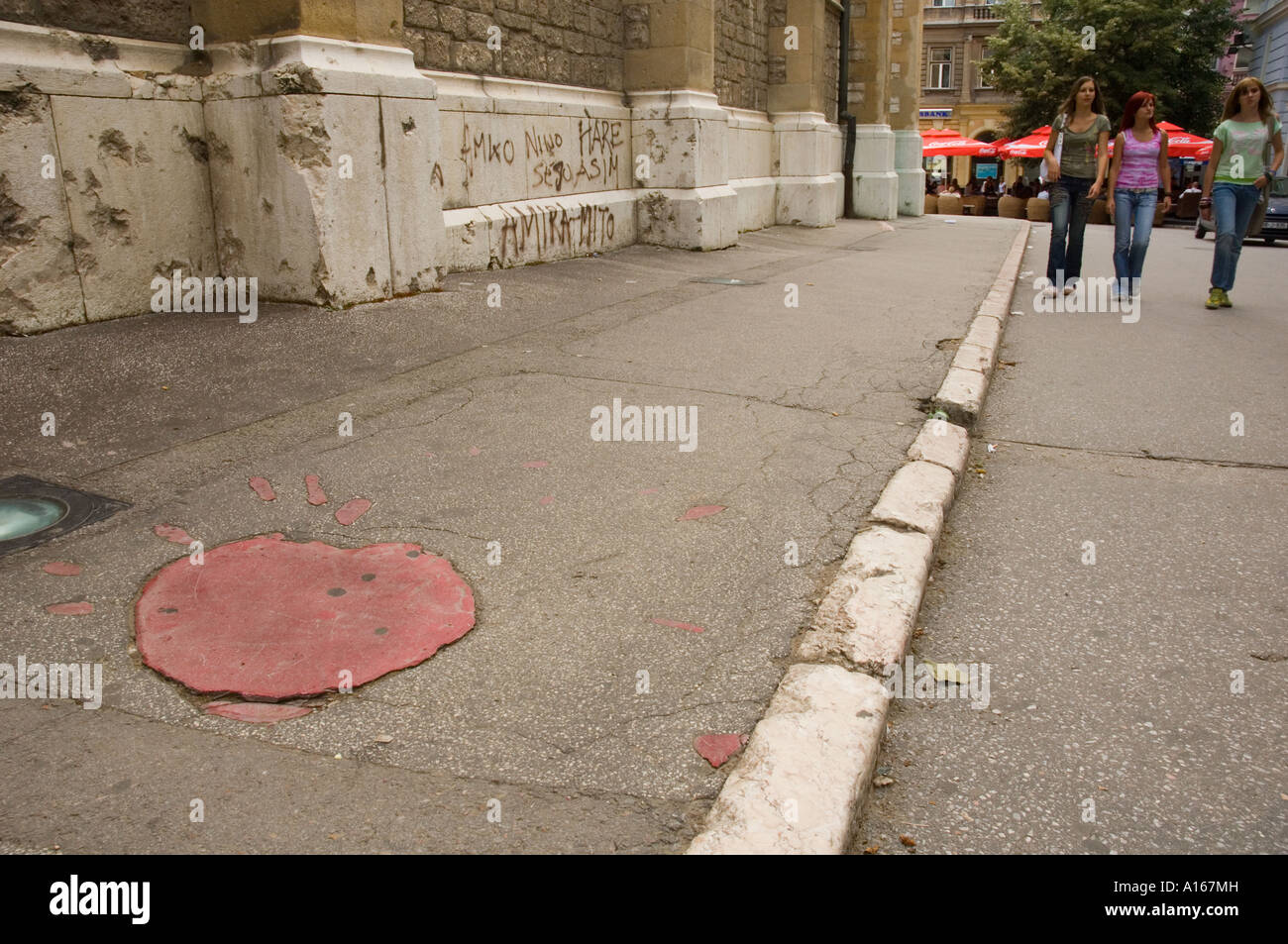 A Sarajevo Rose marks a spot where a shell landed during the war Sarajevo Bosnia and Herzogovina Stock Photo