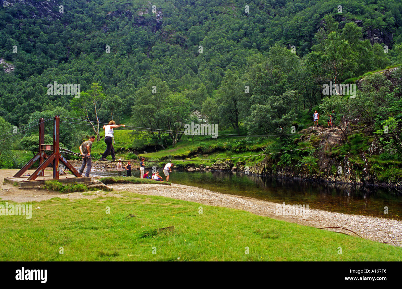 Climbers and Visitors crossing the Water of Nevis in Glen Nevis using