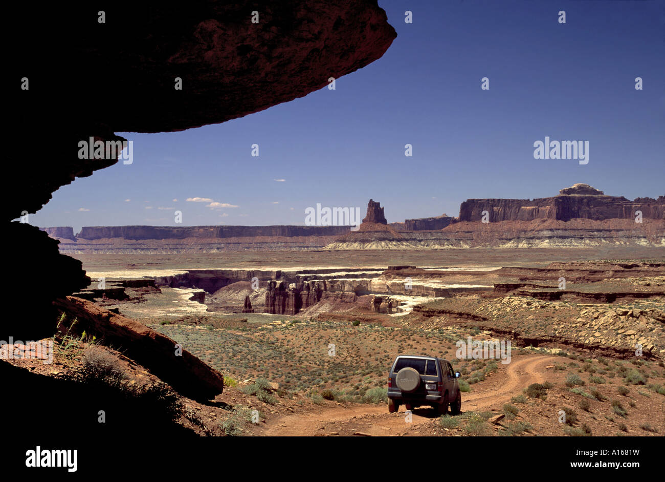 1995 Isuzu Trooper on White Rim Rd in Murphy Hogback area, Island In The Sky District, Canyonlands Nat Park, Utah, USA Stock Photo