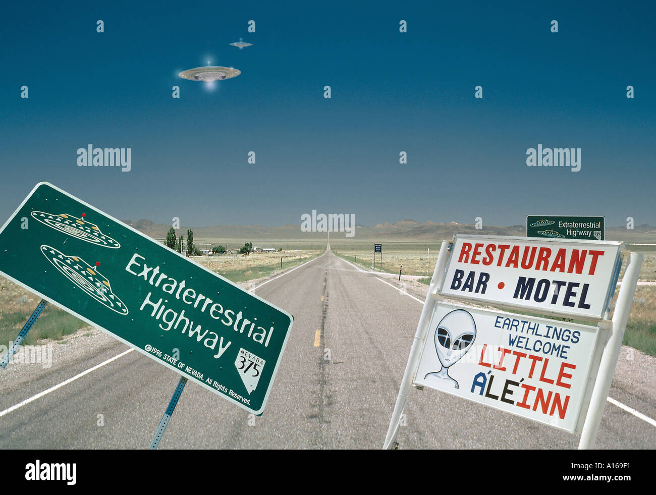 Nevada Location Outside Secret Military Base Known As Area 51 U S Bizarre  Scene With Signs And Ufos Stock Photo - Alamy